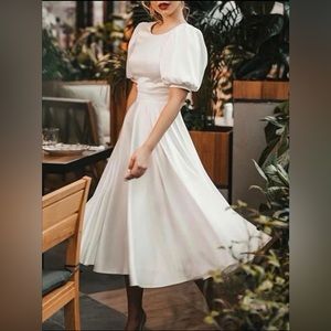 Long White Dress Short Puff Sleeves Crewneck Empire Waist A-line Cocktail